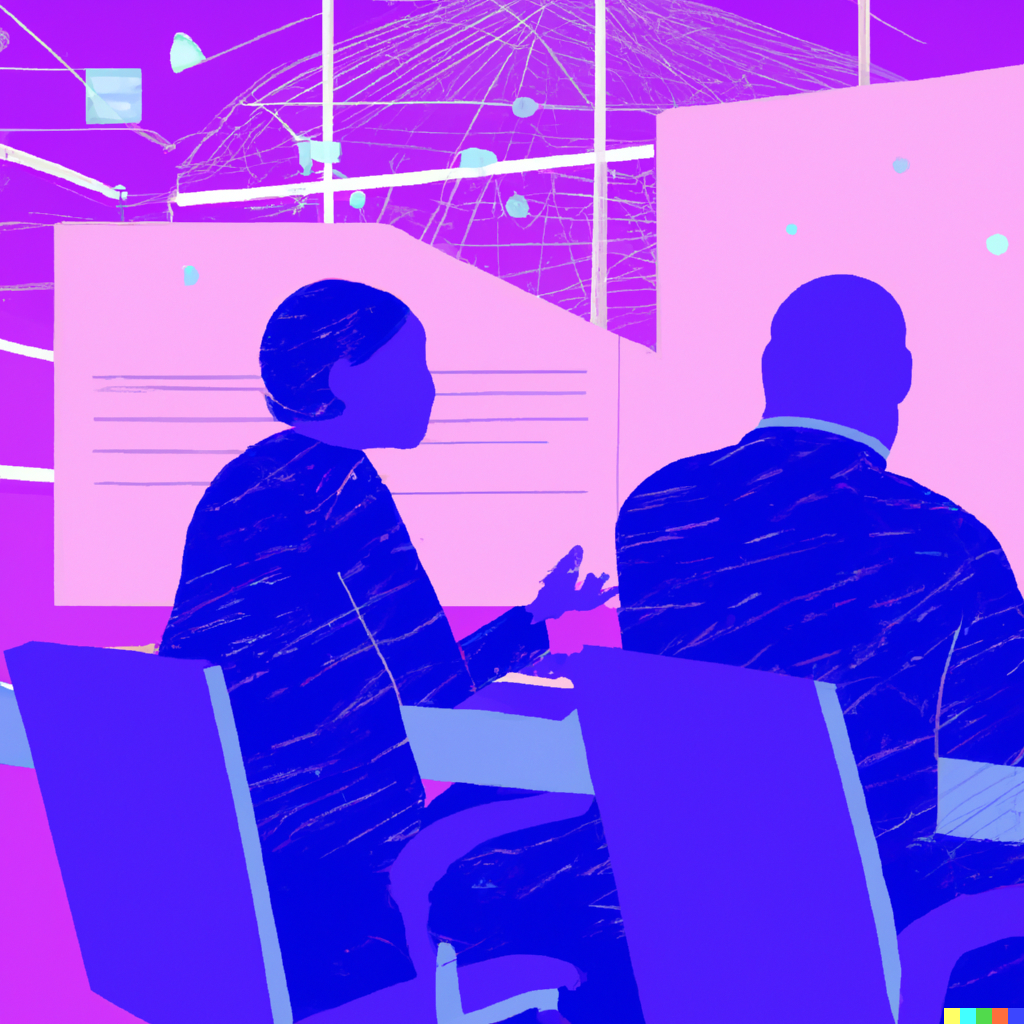 two people sitting in a corporate meeting room during an appraisal talk in the 1990ies. use gradients of blue and purple