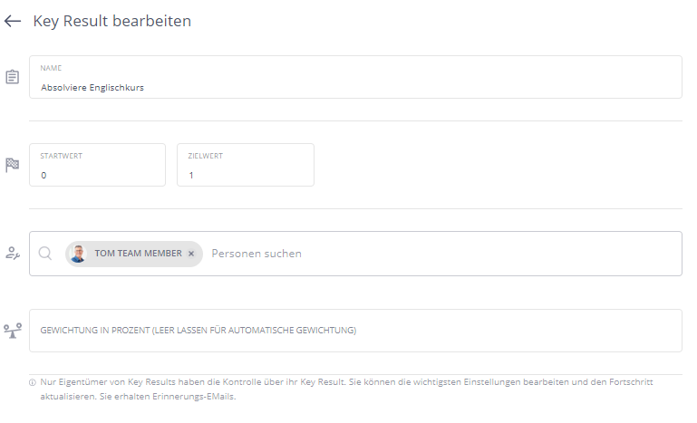 Bearbeitung Key Result Tom Teammember