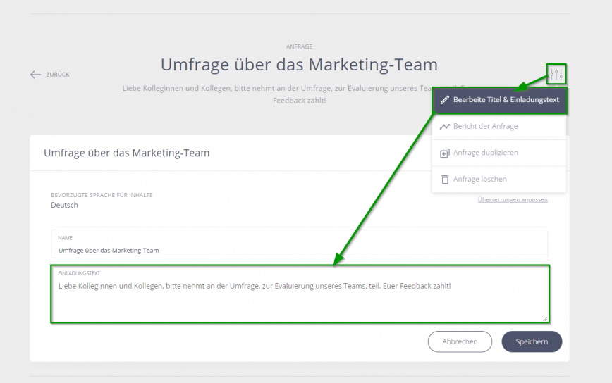 Einladungstext anpassen Teamumfragen v2